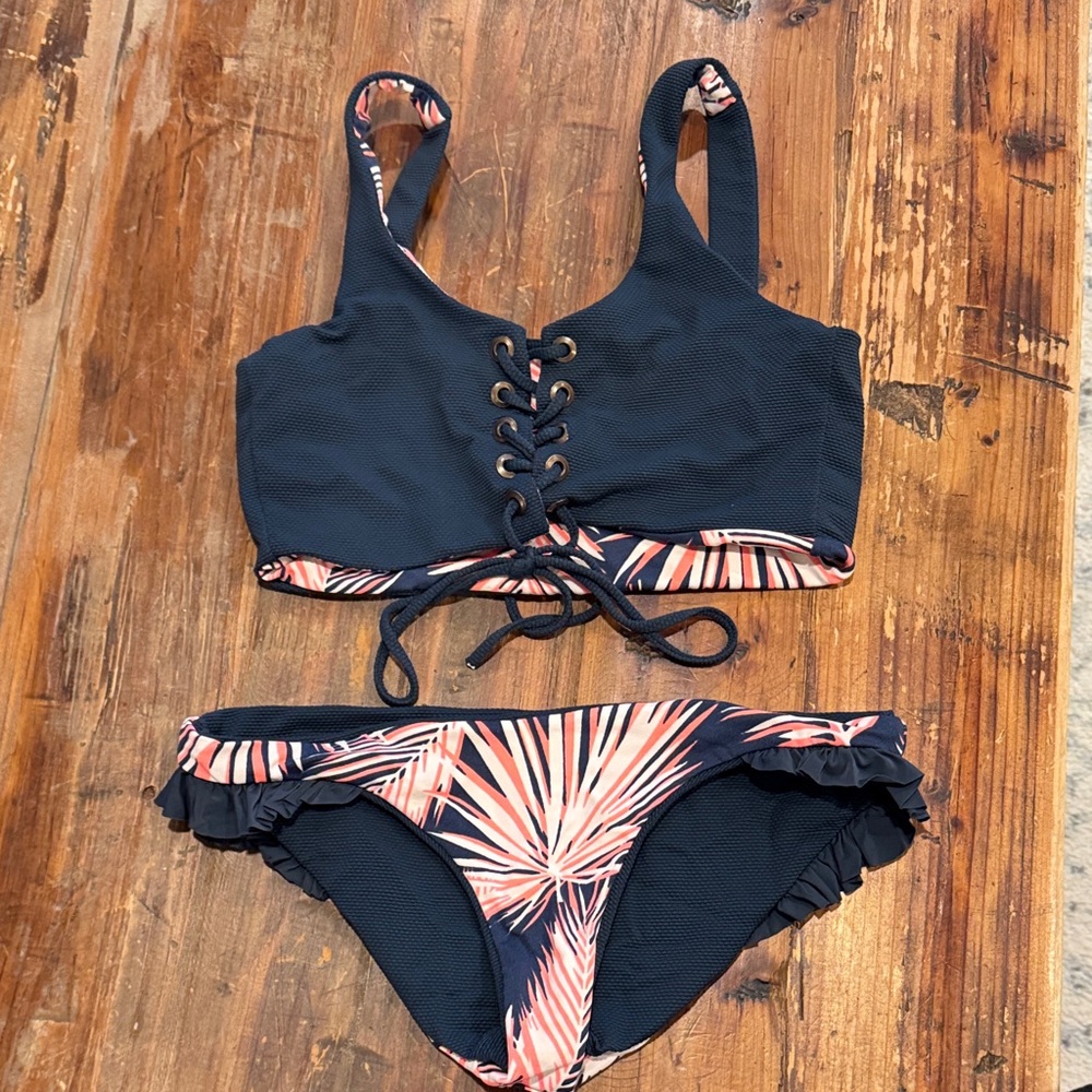 Navy Lace-Up Bikini Set with Coral Palm Print